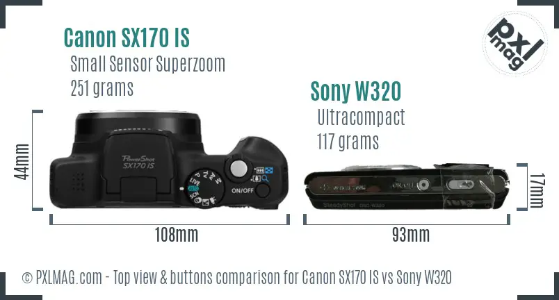 Canon SX170 IS vs Sony W320 top view buttons comparison