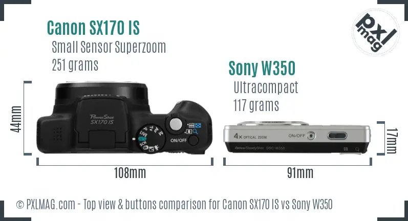 Canon SX170 IS vs Sony W350 top view buttons comparison Canon SX170 IS vs Sony W350 top view buttons comparison