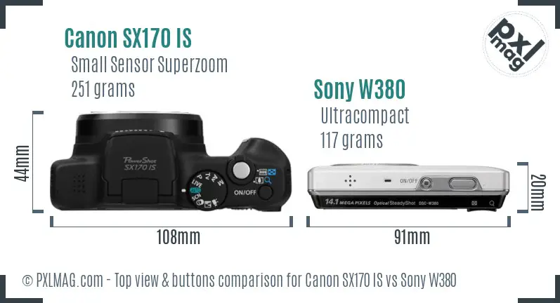 Canon SX170 IS vs Sony W380 top view buttons comparison