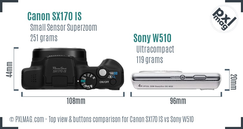 Canon SX170 IS vs Sony W510 top view buttons comparison
