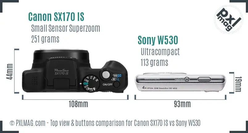 Canon SX170 IS vs Sony W530 top view buttons comparison Canon SX170 IS vs Sony W530 top view buttons comparison