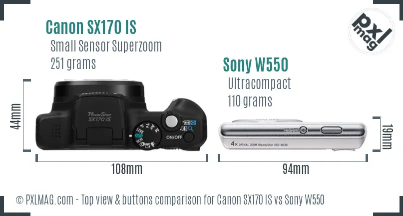 Canon SX170 IS vs Sony W550 top view buttons comparison