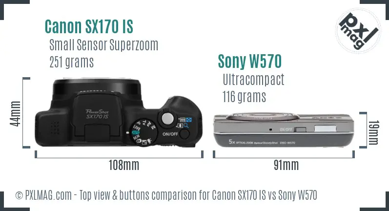 Canon SX170 IS vs Sony W570 top view buttons comparison