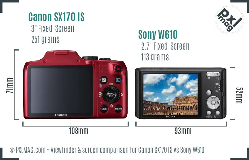 Canon SX170 IS vs Sony W610 Screen and Viewfinder comparison