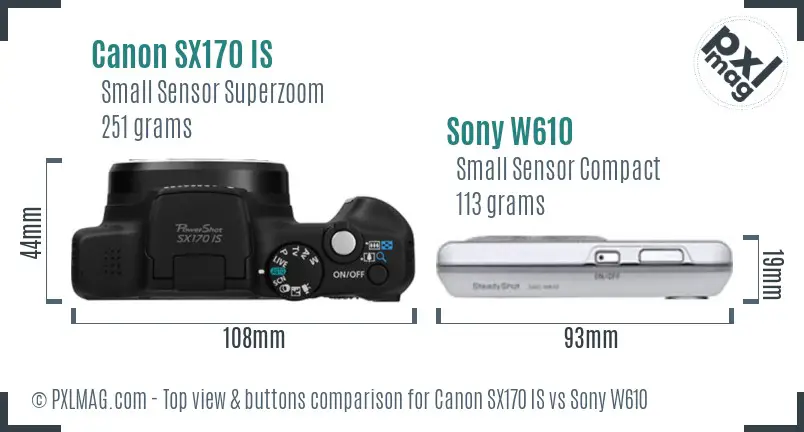 Canon SX170 IS vs Sony W610 top view buttons comparison