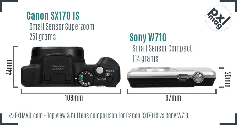 Canon SX170 IS vs Sony W710 top view buttons comparison