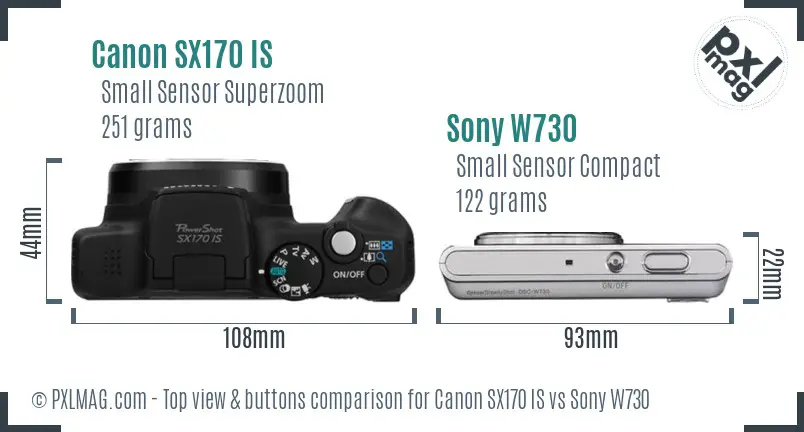 Canon SX170 IS vs Sony W730 top view buttons comparison