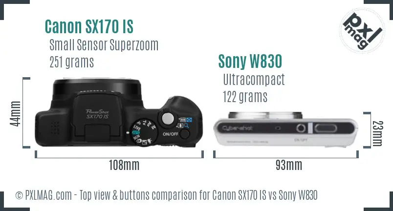 Canon SX170 IS vs Sony W830 top view buttons comparison Canon SX170 IS vs Sony W830 top view buttons comparison
