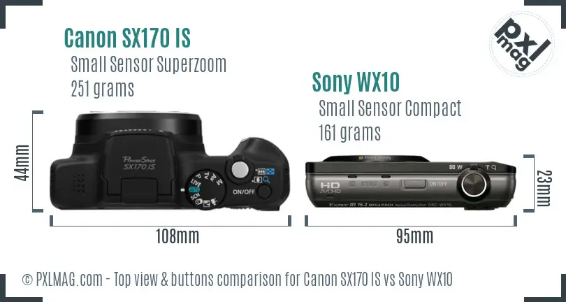 Canon SX170 IS vs Sony WX10 top view buttons comparison