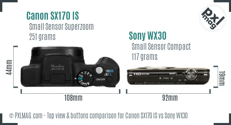 Canon SX170 IS vs Sony WX30 top view buttons comparison