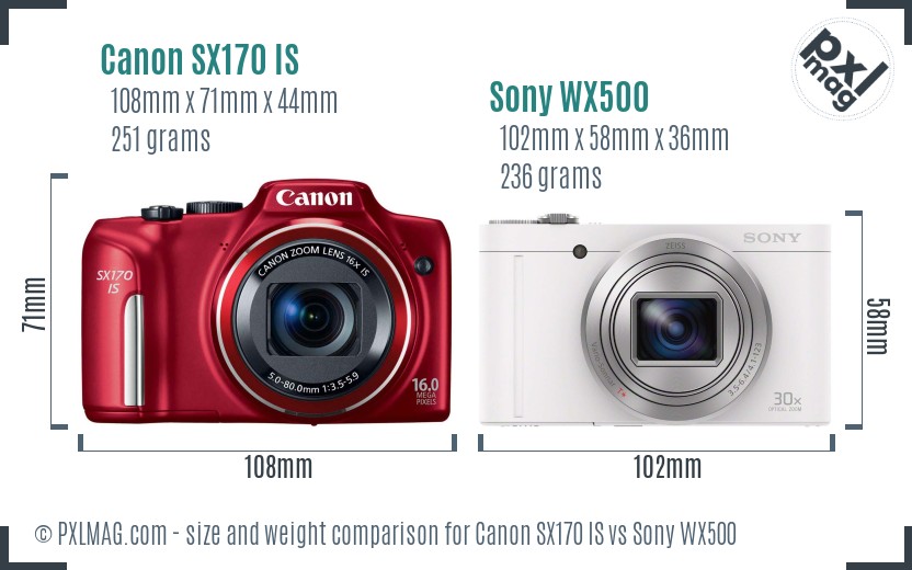 Canon SX170 IS vs Sony WX500 size comparison