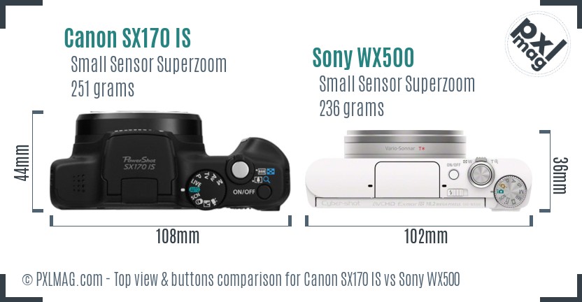 Canon SX170 IS vs Sony WX500 top view buttons comparison