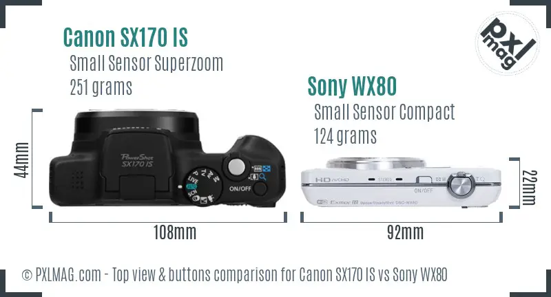 Canon SX170 IS vs Sony WX80 top view buttons comparison Canon SX170 IS vs Sony WX80 top view buttons comparison