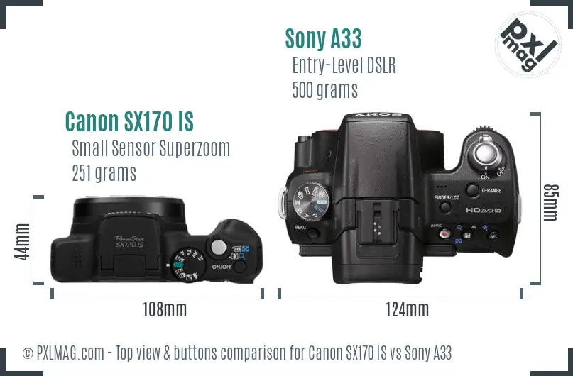 Canon SX170 IS vs Sony A33 top view buttons comparison