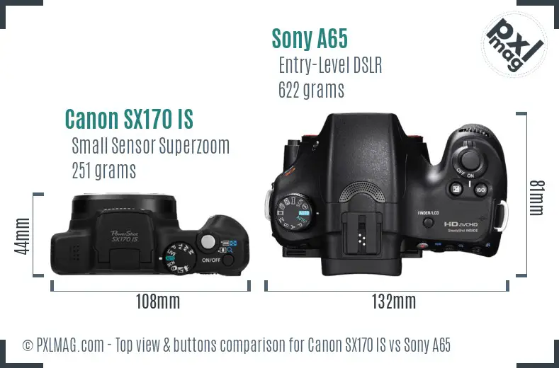 Canon SX170 IS vs Sony A65 top view buttons comparison
