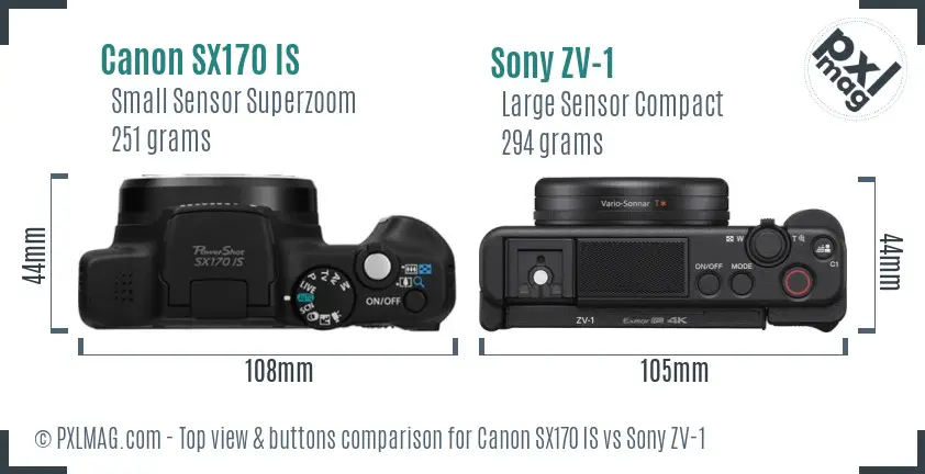 Canon SX170 IS vs Sony ZV-1 top view buttons comparison