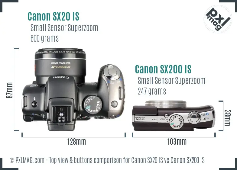 Canon SX20 IS vs Canon SX200 IS top view buttons comparison
