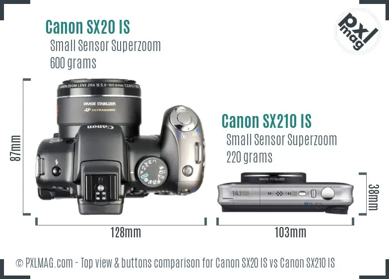 Canon SX20 IS vs Canon SX210 IS top view buttons comparison