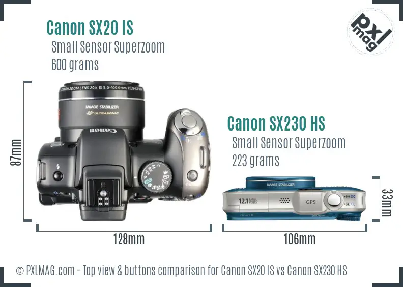 Canon SX20 IS vs Canon SX230 HS top view buttons comparison