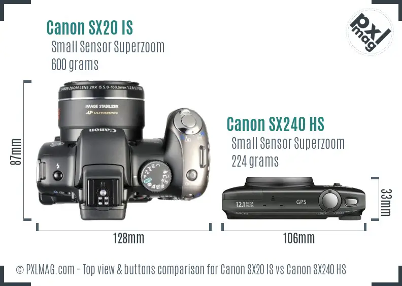 Canon SX20 IS vs Canon SX240 HS top view buttons comparison