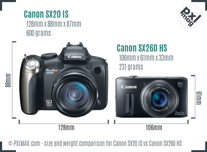 Canon SX20 IS vs Canon SX260 HS size comparison