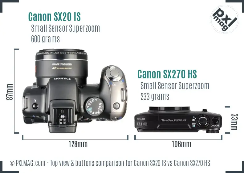 Canon SX20 IS vs Canon SX270 HS top view buttons comparison