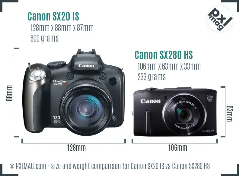 Canon SX20 IS vs Canon SX280 HS size comparison