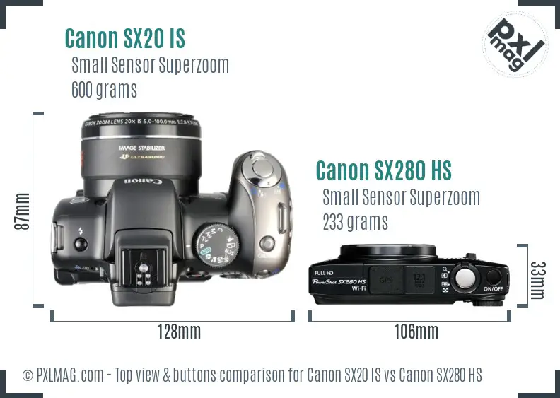 Canon SX20 IS vs Canon SX280 HS top view buttons comparison