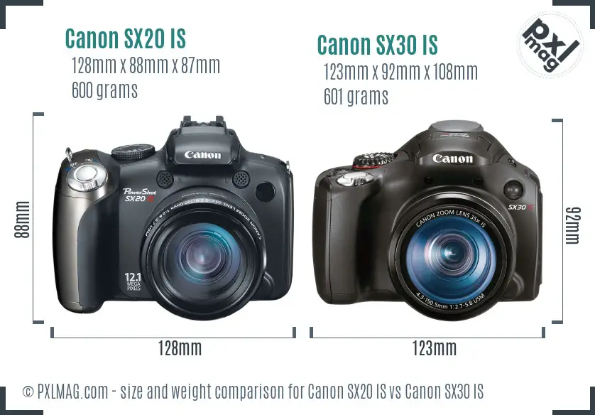 Canon SX20 IS vs Canon SX30 IS size comparison