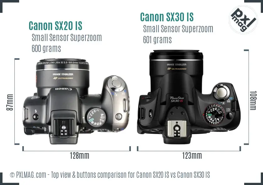 Canon SX20 IS vs Canon SX30 IS top view buttons comparison