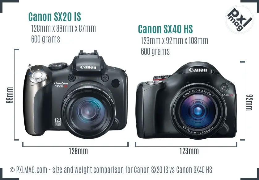 Canon SX20 IS vs Canon SX40 HS size comparison