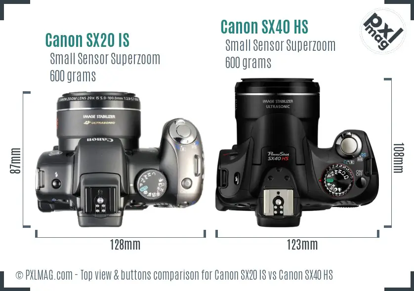 Canon SX20 IS vs Canon SX40 HS top view buttons comparison