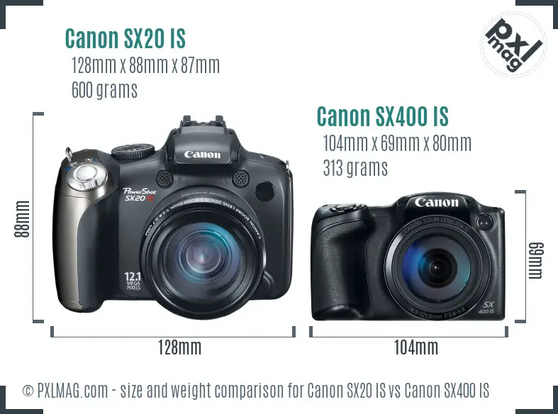 Canon SX20 IS vs Canon SX400 IS size comparison