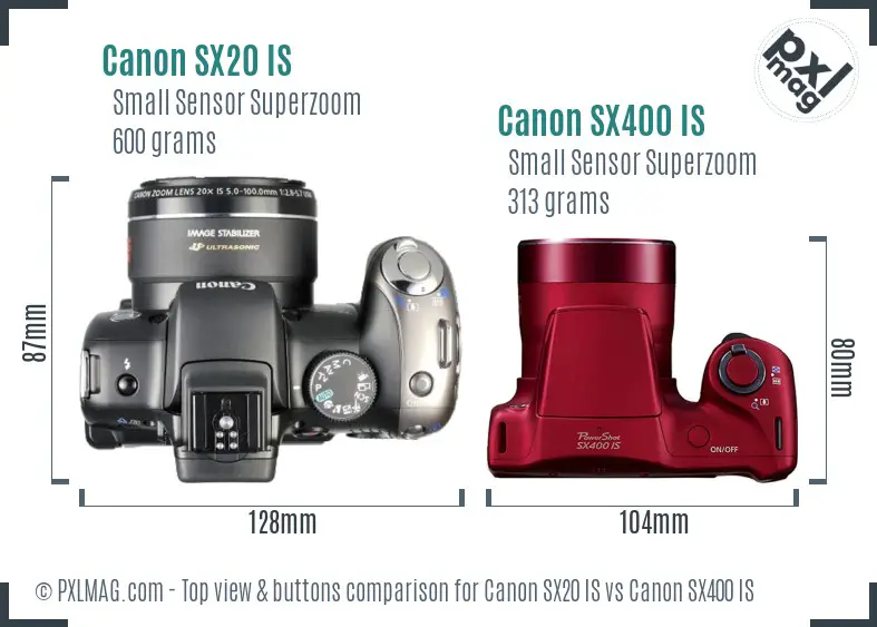 Canon SX20 IS vs Canon SX400 IS top view buttons comparison
