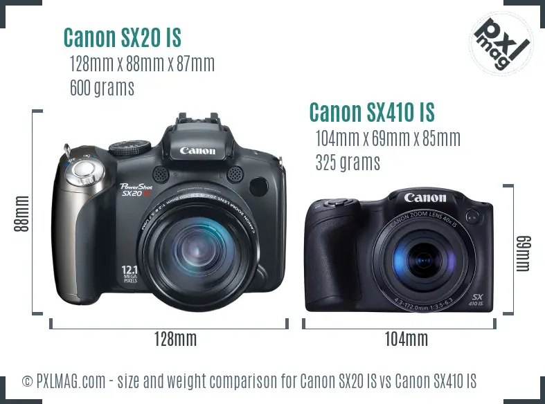 Canon SX20 IS vs Canon SX410 IS size comparison