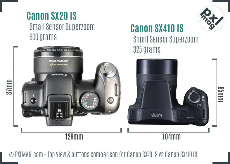 Canon SX20 IS vs Canon SX410 IS top view buttons comparison