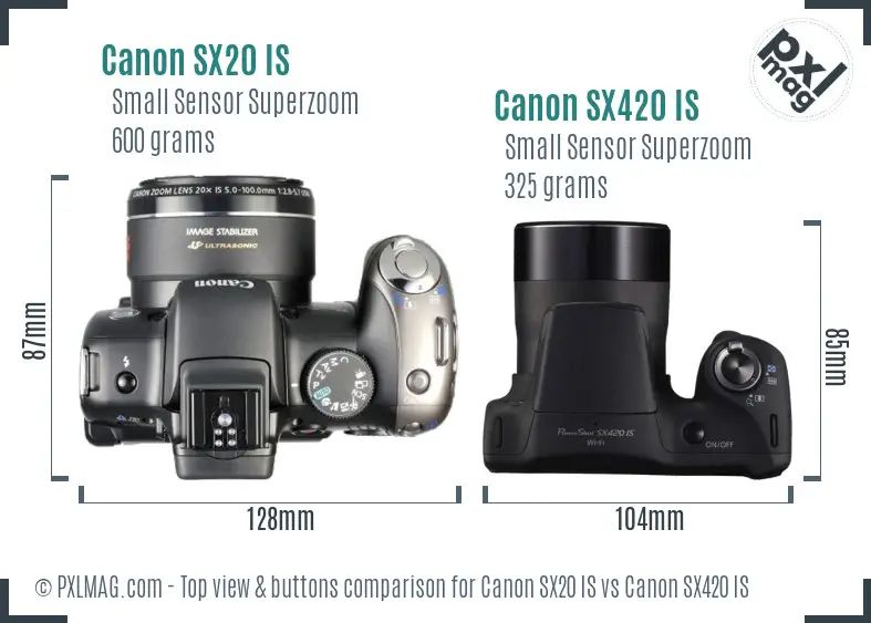 Canon SX20 IS vs Canon SX420 IS top view buttons comparison