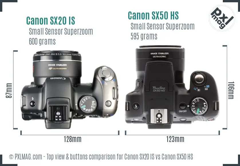 Canon SX20 IS vs Canon SX50 HS top view buttons comparison