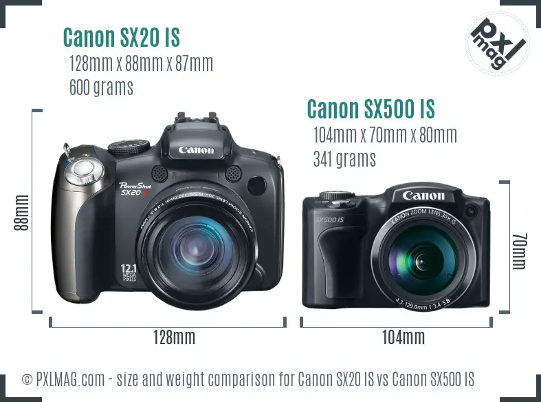 Canon SX20 IS vs Canon SX500 IS size comparison