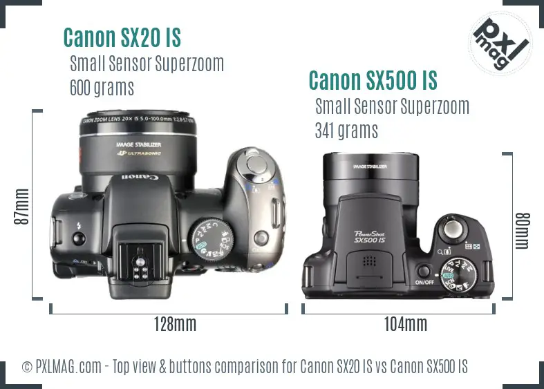 Canon SX20 IS vs Canon SX500 IS top view buttons comparison