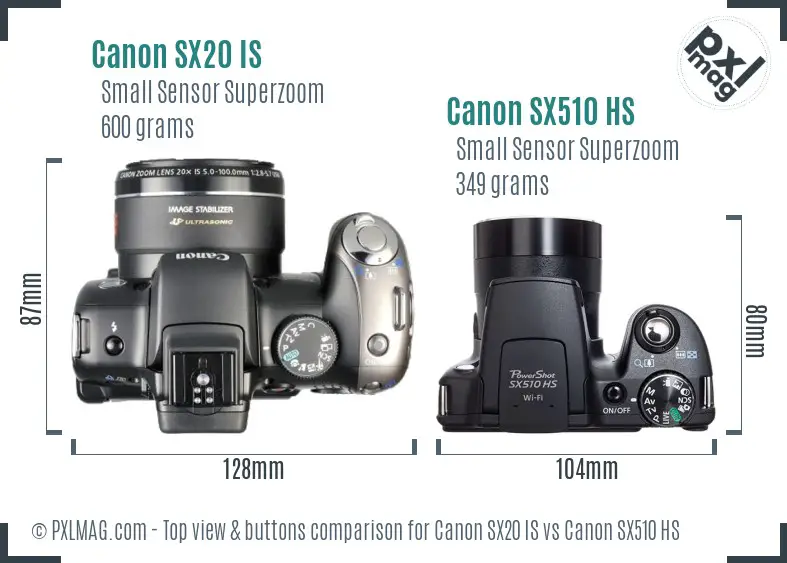 Canon SX20 IS vs Canon SX510 HS top view buttons comparison