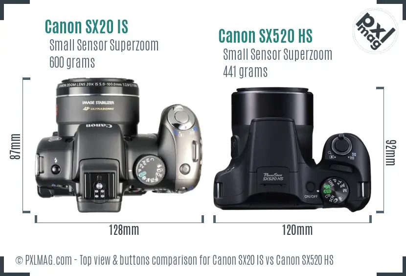 Canon SX20 IS vs Canon SX520 HS top view buttons comparison