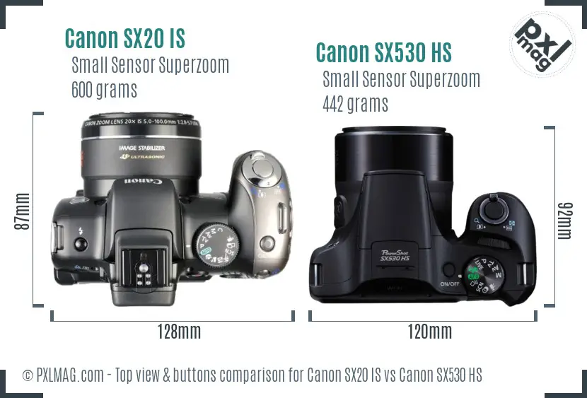 Canon SX20 IS vs Canon SX530 HS top view buttons comparison