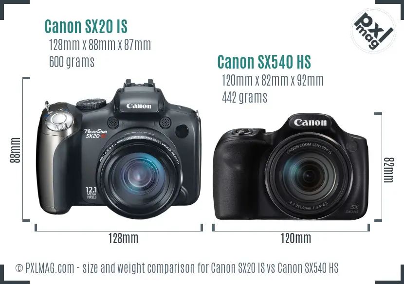 Canon SX20 IS vs Canon SX540 HS size comparison