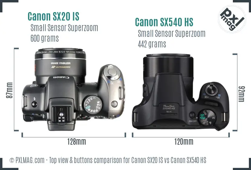 Canon SX20 IS vs Canon SX540 HS top view buttons comparison