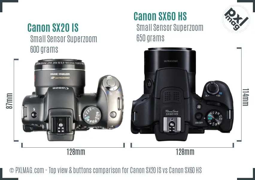 Canon SX20 IS vs Canon SX60 HS top view buttons comparison