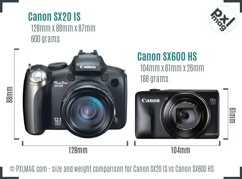 Canon SX20 IS vs Canon SX600 HS size comparison