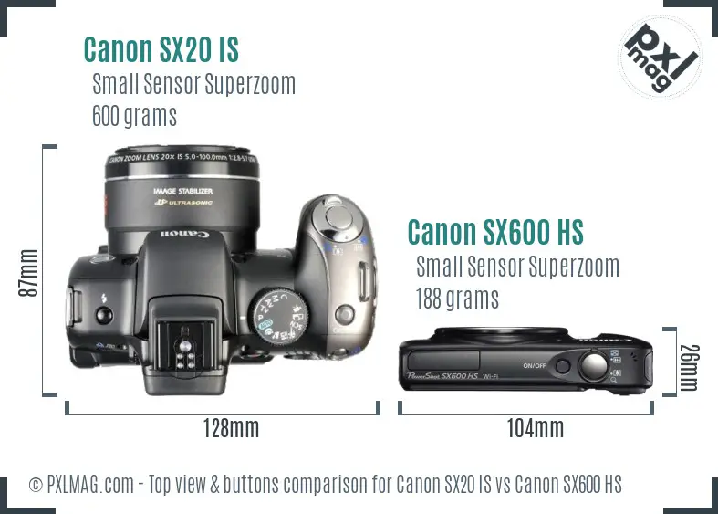 Canon SX20 IS vs Canon SX600 HS top view buttons comparison