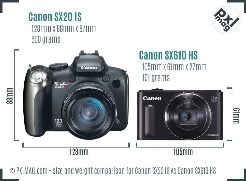 Canon SX20 IS vs Canon SX610 HS size comparison