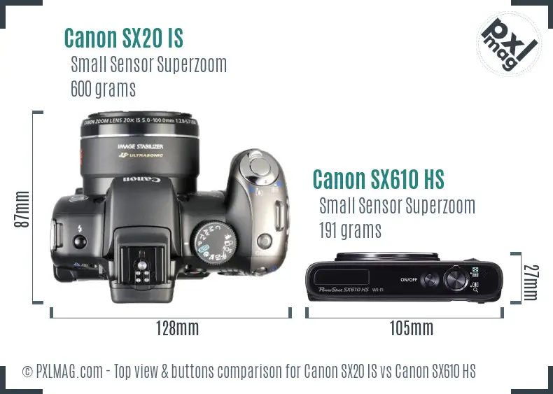 Canon SX20 IS vs Canon SX610 HS top view buttons comparison